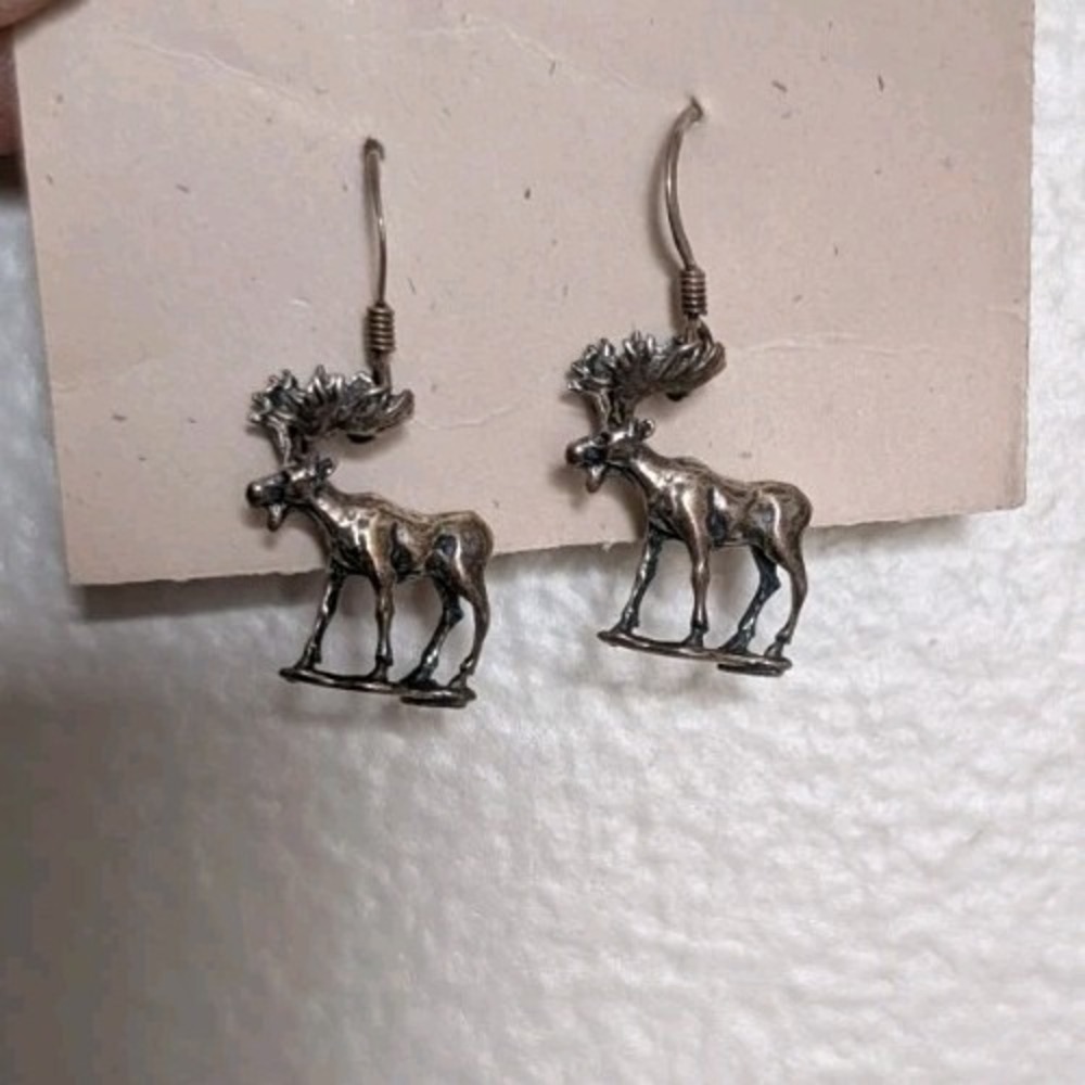 Silver 925 Moose Wildlife Dangle Earrings Nature Rustic Artisan Jewelry